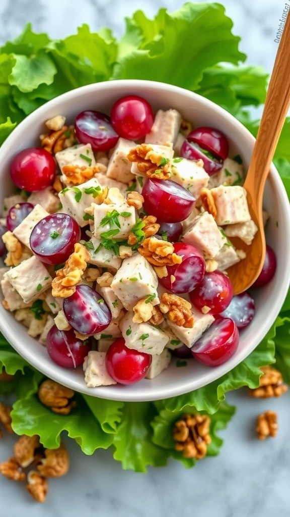 A fresh and colorful tuna salad with grapes and walnuts on lettuce, garnished with herbs.
